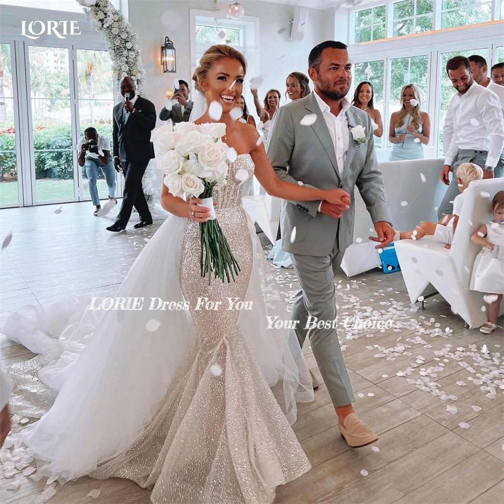 LORIE Glitter Mermaid Wedding Dresses Off Shoulder Sweetheart Shiny Bridal Gowns Sparkly With Puffy Tulle Train Bride Dress 2022