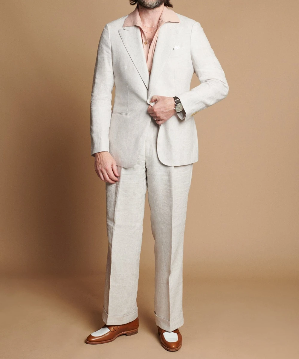 Fashion Beige Summer Linen Elegant Men Suits Casual Slim Fit Blazers Peak Lapel High Quality Custom 2 Piece Set Costume Homme