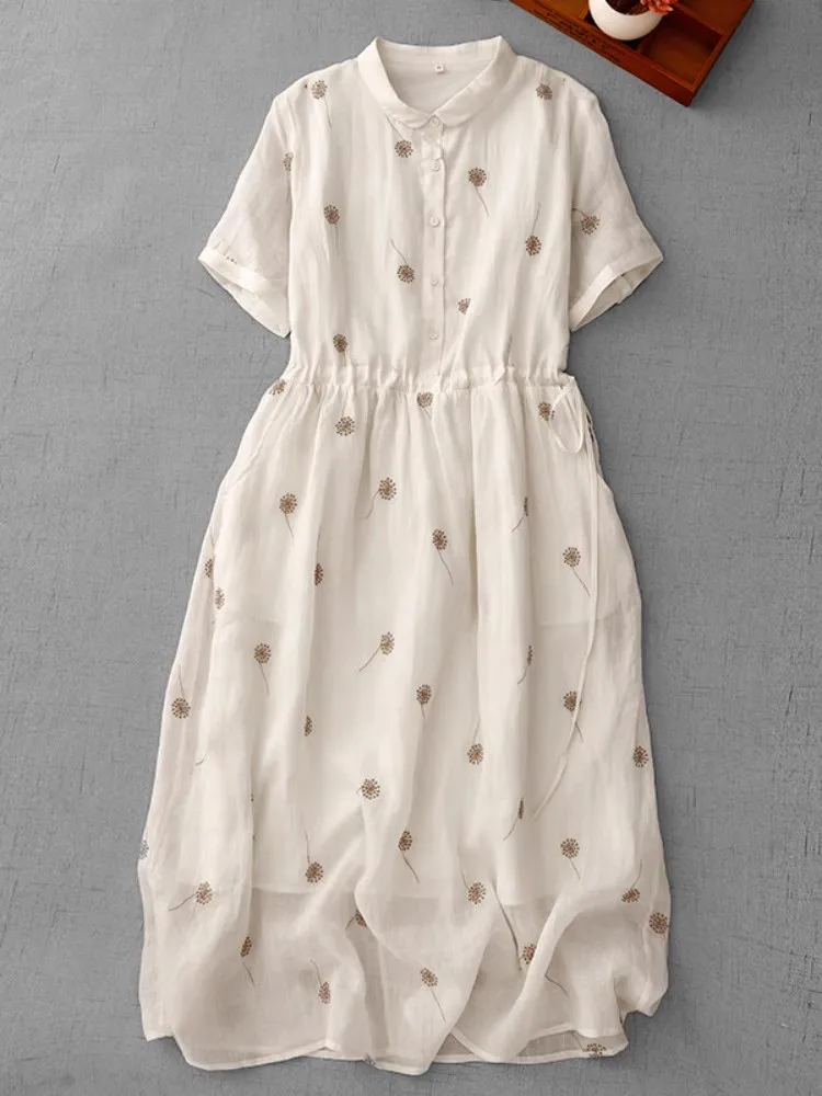 

Literary Ramie Flower Emboidery Polo Collar Short Sleeve Women Dresses 2025 New Summer Office Lady Age-reduced Midi Dress