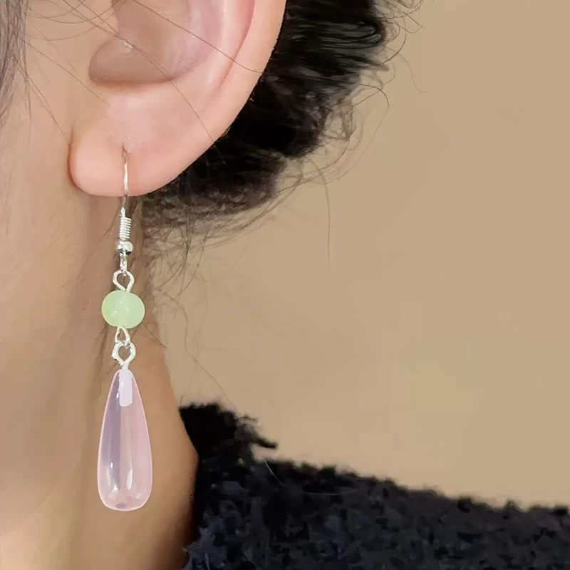 Light Pink Acrylic Water Droplet Long Earrings for Women 2026 Fashion Chinese Style Hook Drop Dangle Earrings Vintage Jewelry