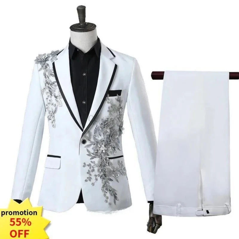 Casual Ele Embroidered Men's Suit Thiened Special Wide Fit Spring Youth Trend Double Slit Seven Sve Length Button Cl...