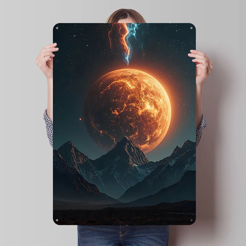 كوكب ناري فوق نطاق الجبال ملصق معدني علامات القصدير ديكور مكتب علامة معدنية مخصصة لملحقات شريط الديكور الفني الجداري