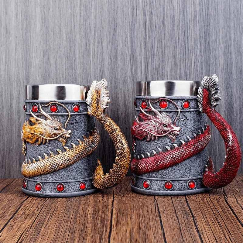 

3D Relief Beer Mug Medieval Fantasy Resin & Stainless Steel Coffee Cup Gothic Drinkware for Bar Home Decor & Fantasy Lovers