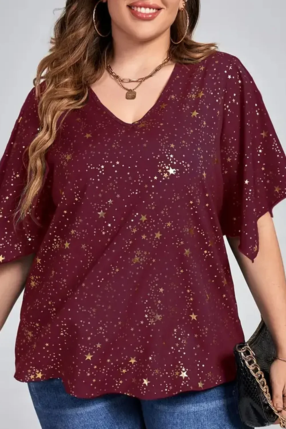 Plus Size natale bordeaux scintillante stampa abbronzante camicetta con scollo a V mezza manica top larghi