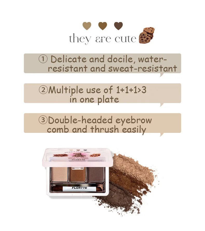 Flortte Beauty 3-color Eyebrow Powder Bear\'s Playtime Waterproof Smudge-proof Longlasting Eyebrow Makeup Cosmetic