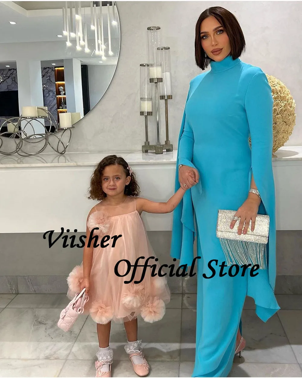 Visher blau Meerjungfrau Abendkleider Langarm High Neck Dubai Prom Party Kleid boden lange formelle Ballkleider