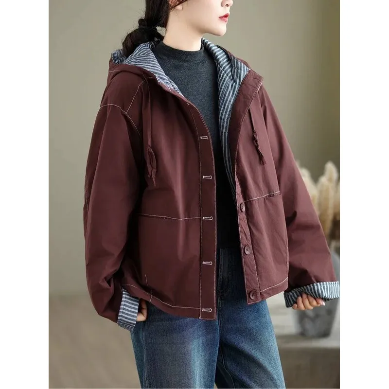 

Легкое женское свободное повседневное двухслойное пальто с внутренней клетчатой хлопковой верхней одеждой с капюшоном в сэндвич