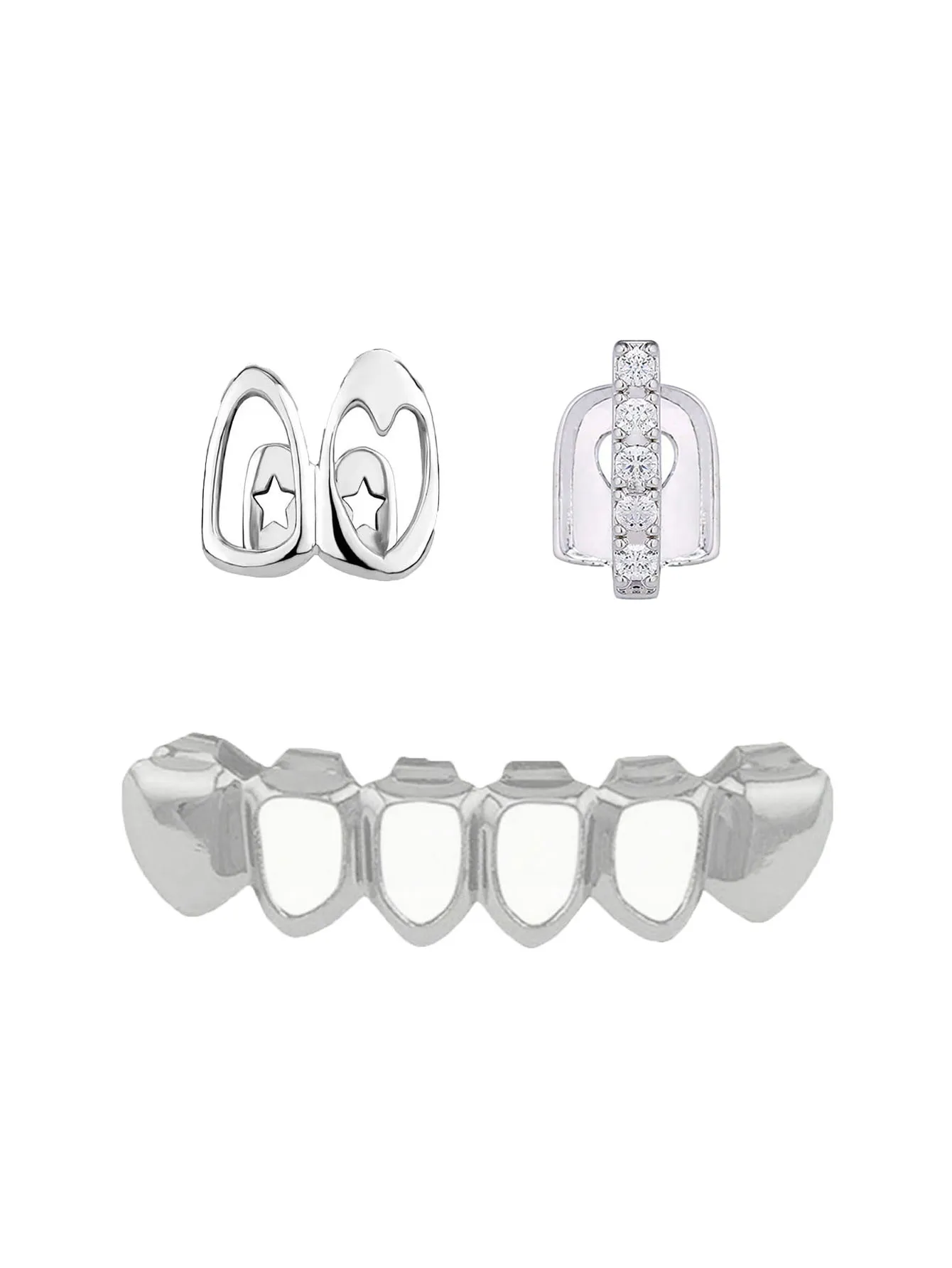 Fashionable Dental Jewelry With Heart-Shaped Hollowed-Out/Zircon Vertical Bars/Four-Hollowed-Out Lower Teeth Three-Piece Set