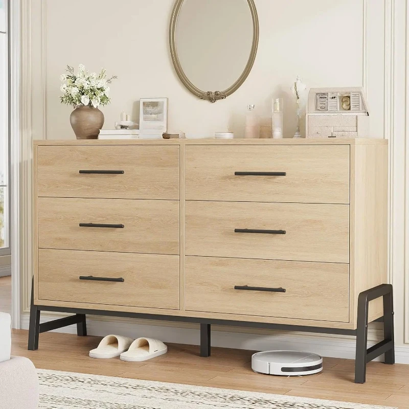 

Комод для спальни на 6 ящиков, шириной 52 дюйма, с большим объемом хранения, отдельно стоящий деревянный шкаф-комод для хранения вещей