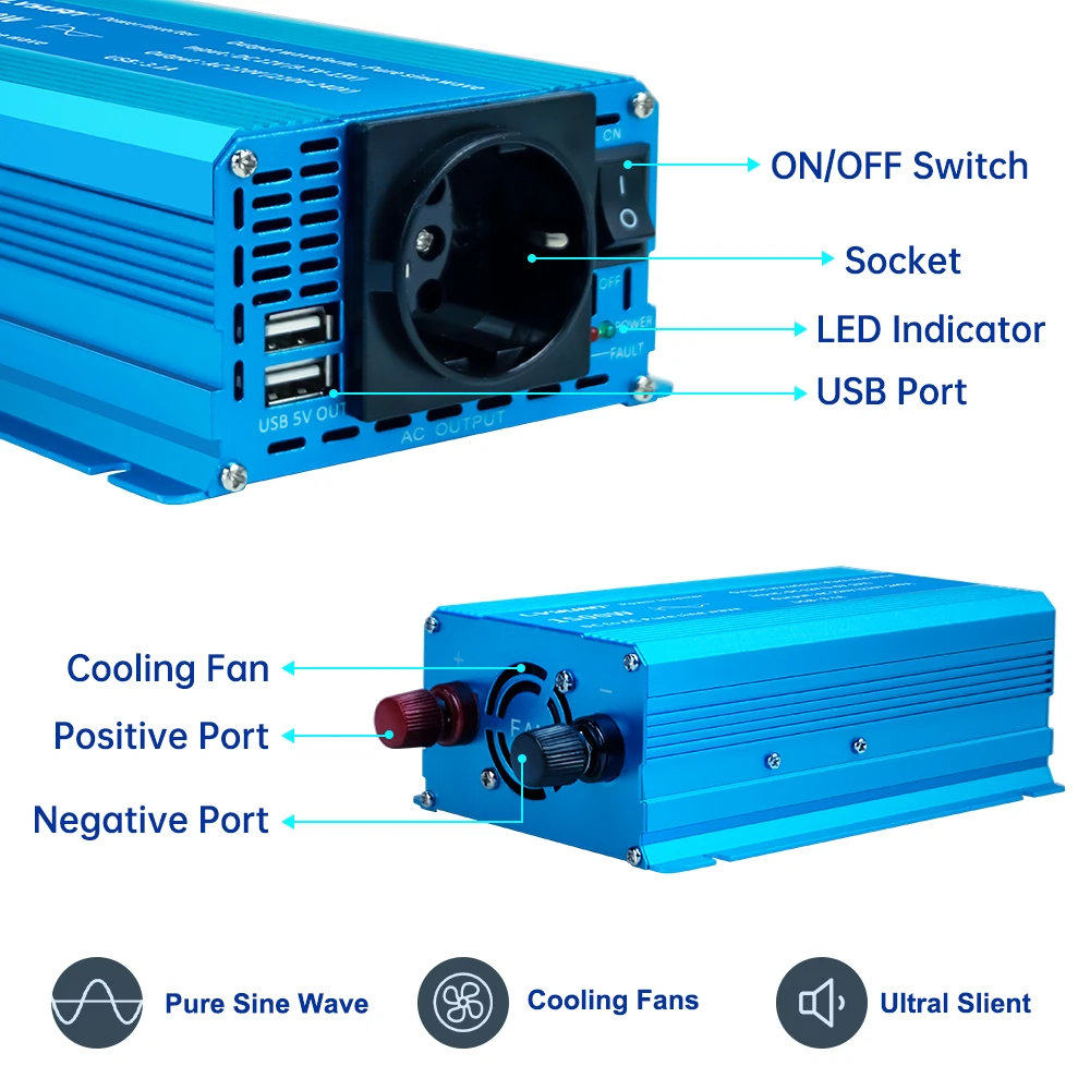 Foval Inverter DC 12V To AC 230V 1000W/1500W/2200W Pure Sine Wave 50Hz/60Hz Car Power Inverter With 3.1A EU Universal Socket