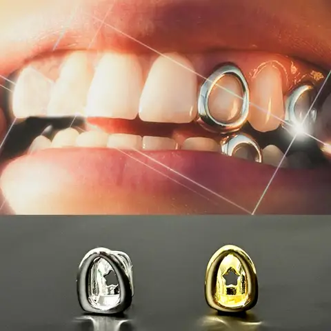 RACHELZ 여성용 클래식 싱글 중공 치아 모자 남성용 치과 그릴 힙합 골드 실버 컬러 광택 치아 Grillz Jewelry