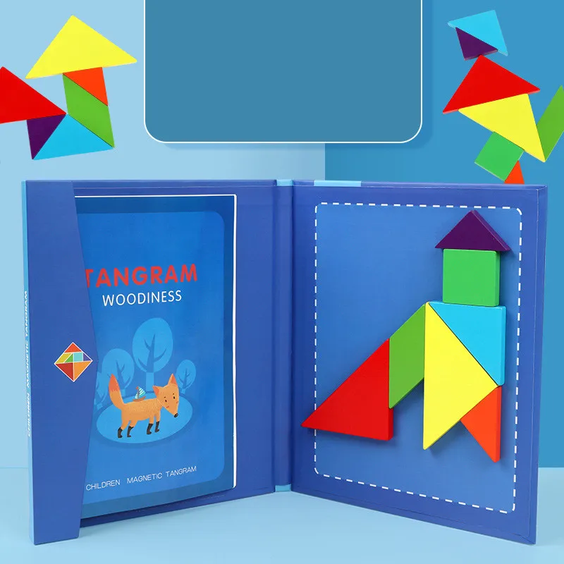 뜨거운 자기 지그 소 퍼즐 3D 기하학적 모양 Tangram 보드 어린이 몬테소리 게임 어린이를위한 교육 나무 장난감