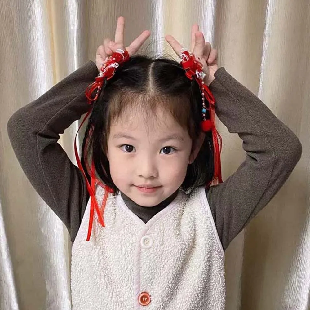 

2pcs Lion Children's Chinese Hairpin Bow Flower New Year Ribbon Barrettes Golden Lock Ball Embroidered Bow Headwear Party
