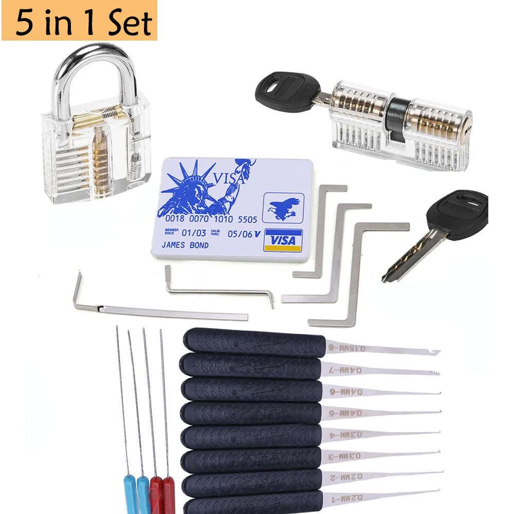 

5 IN 1 Locksmith Pick Training Kit with 2pcs Transparent Locks,Broken Key Remover and Tension Wrench Tool