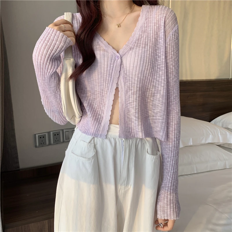 Cardigan Women V-neck Solid Slim Knitted Thin Tops Female Korean Style Simple Fashion Long Sleeve Sun Protection Summer Sweet