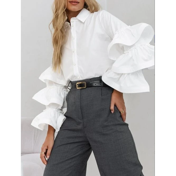 Casual witte irt met kanten rand 2024 herfst winter nieuwe Sle veelzijdige dames losse pasvorm lange Sve Bubble Sve polyester