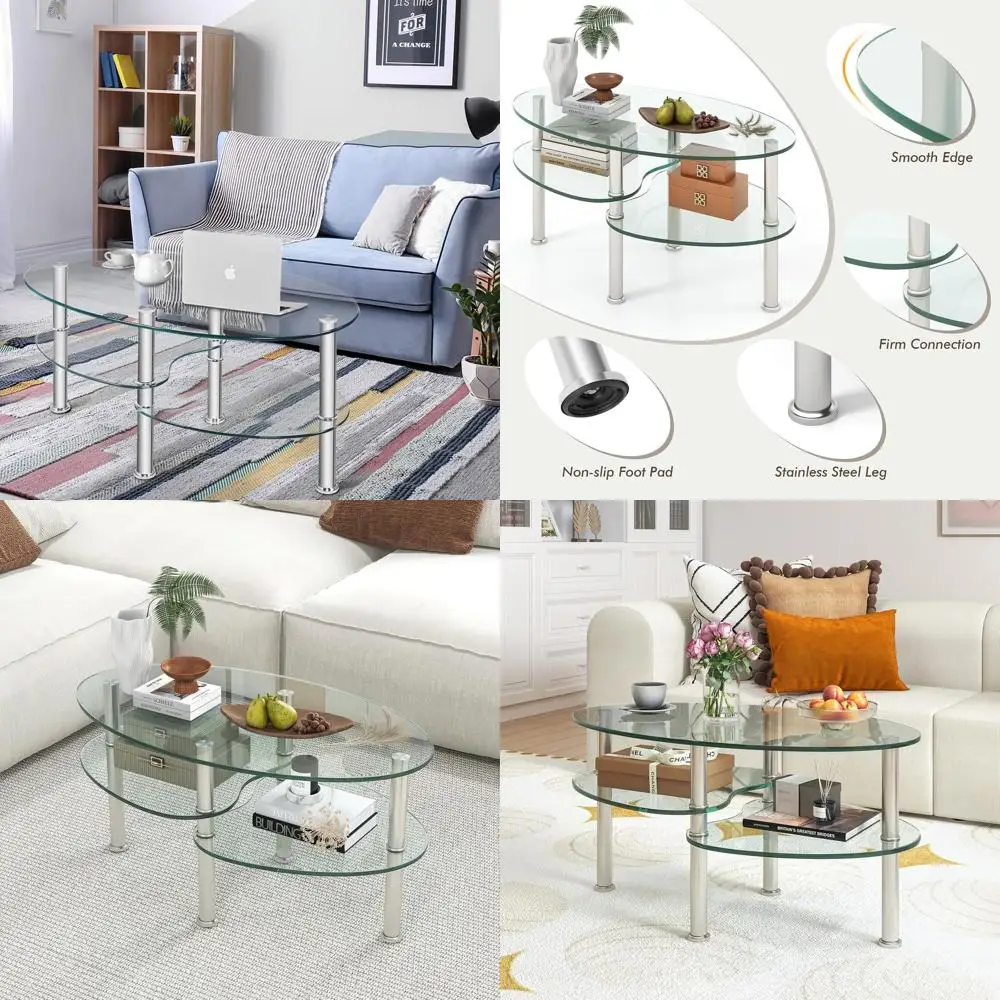 

Contemporary 2-Tier Oval Glass Coffee Table with Tempered Glass Shelves and Chrome Legs for Home or Office