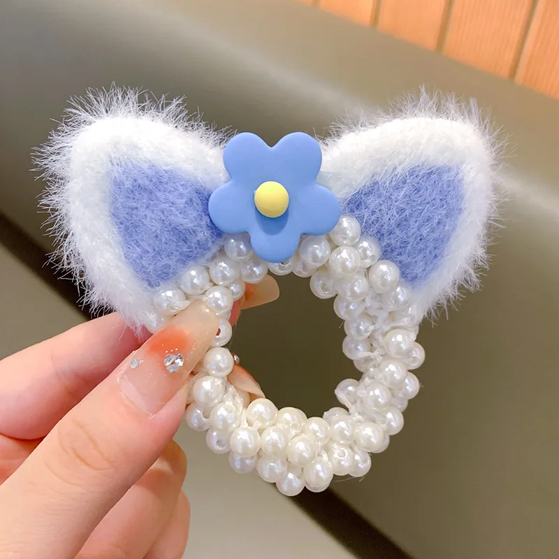 New Cute Cartoon Ear Hair Rope Pearl Elastic Hair Bands Headbands Girls Sweet Flower Headwear Hair accessories Kids Ornaments