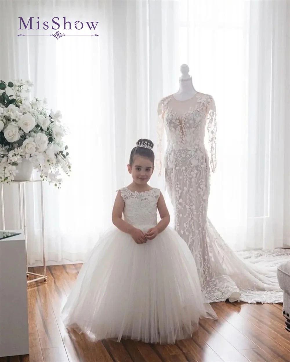 MisShow-vestidos blancos de flores para niña, vestidos Vintage con botones, lazo de tul, vestido de fiesta de boda para niña con tren de encaje largo, vestido de primera comunión