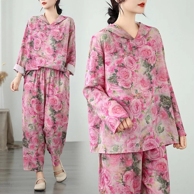 

2025 Early Autumn Loose Ramie Printed Hooded Long Sleeved Top Casual Pants Set Fashionable Two-Piece Women Outfit w392