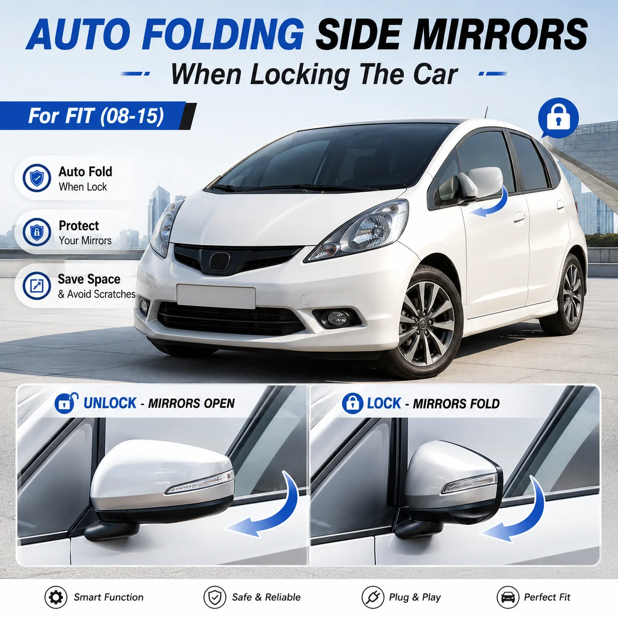 Compatible with Honda Fit (2008–2015): Side mirrors automatically fold when locking and unfold when unlocking.