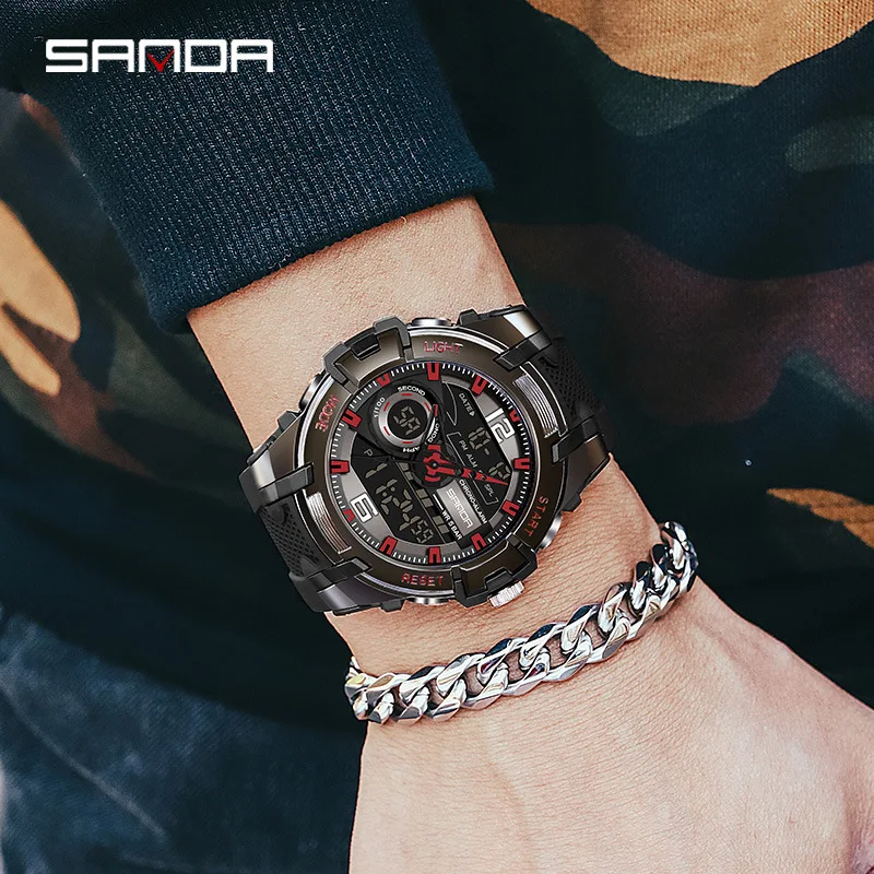 SANDA 6015 Sport Quartz Watch for Men LED Dual Display Electronic Digital Mens Wristwatches Waterproof Military Shockproof Clock