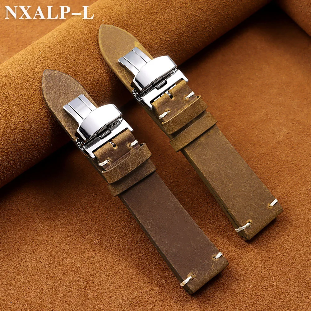 خمر النفط الشمع الجلود حزام (استيك) ساعة 18 مللي متر 20 مللي متر 21 22 مللي متر 24 مللي متر جلد البقر خياطة حزام ل Seiko ل أوميغا معصمه فراشة مشبك