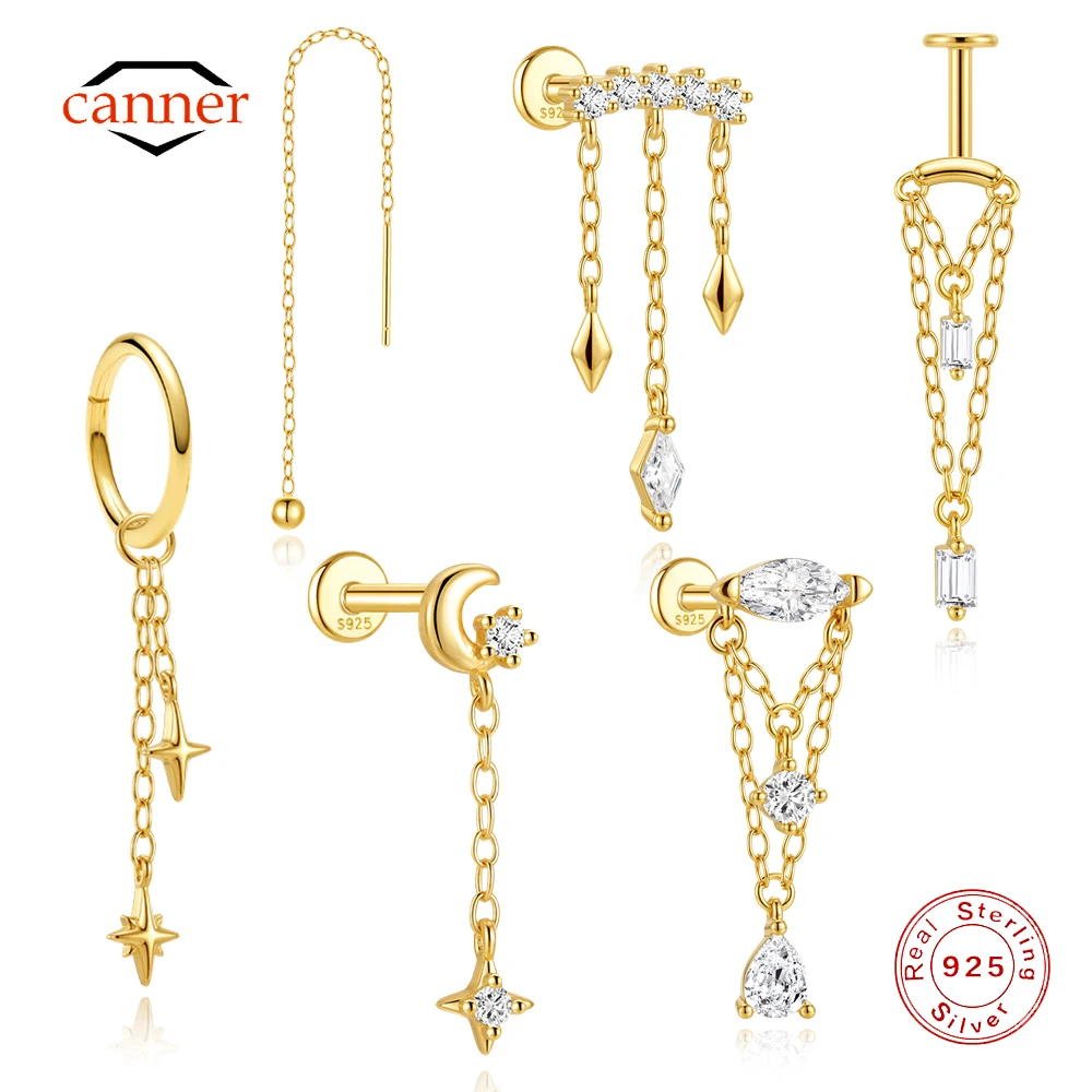 CANNER 1 Stück 925 Sterling Silber Lange Kette Quasten-Ohrhänger für Frauen Knorpel Helix Tragus Piercing Ohrring Schmuck Geschenk