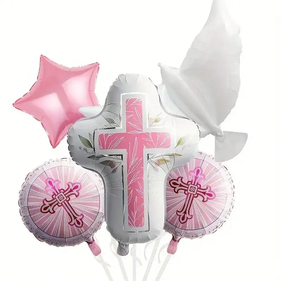 5 Stück Blau-Rosa Erstkommunion Folienballons Dekorationen Kreuz Stern Taufe Party Ballons für Gottessegen Taufe – Detail 2