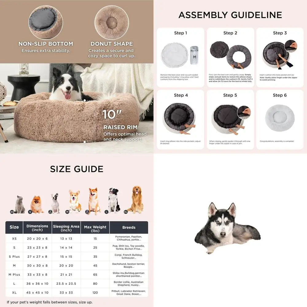 

Large Round Washable Donut Dog Bed, 36 Fluffy Faux Fur, Anti-Slip, Fits Pets up to 80 lbs, Camel