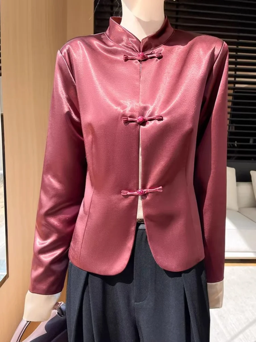 

Весна 2025: Новая женская модная атласная куртка в китайском стиле с воротником-стойкой, в стиле Тан, с длинным рукавом, на одной пуговице