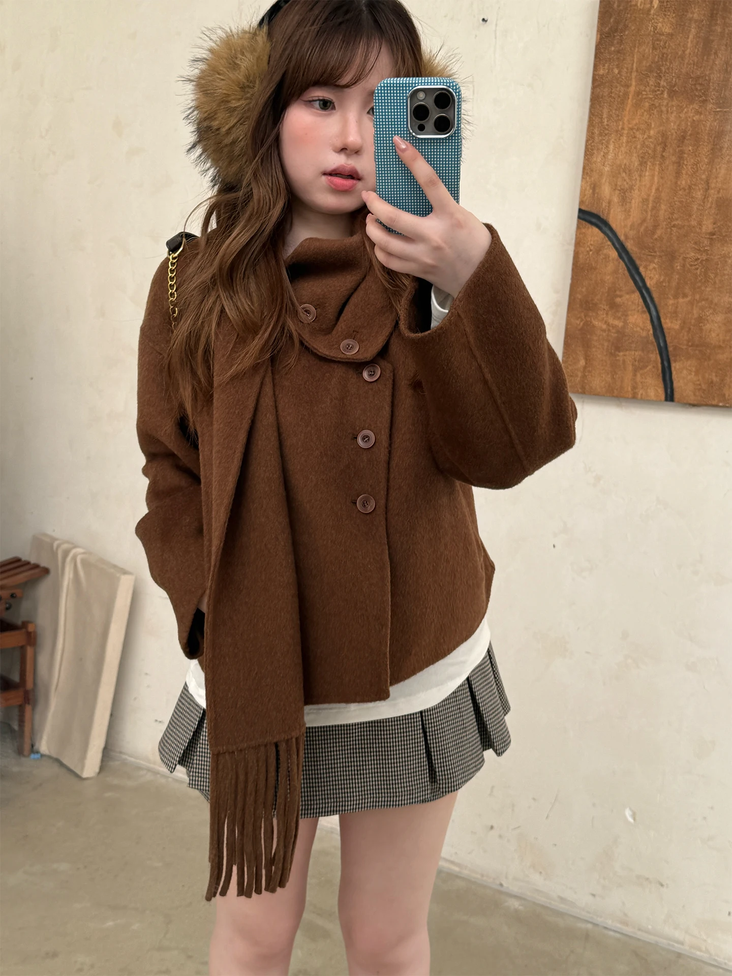 

Vegetable Orbs ort Woolen Coat Women's Double-Faced Woolen Jaet Retro Straight- Cut Long Sve V-Ne Thiened Autumn Coat
