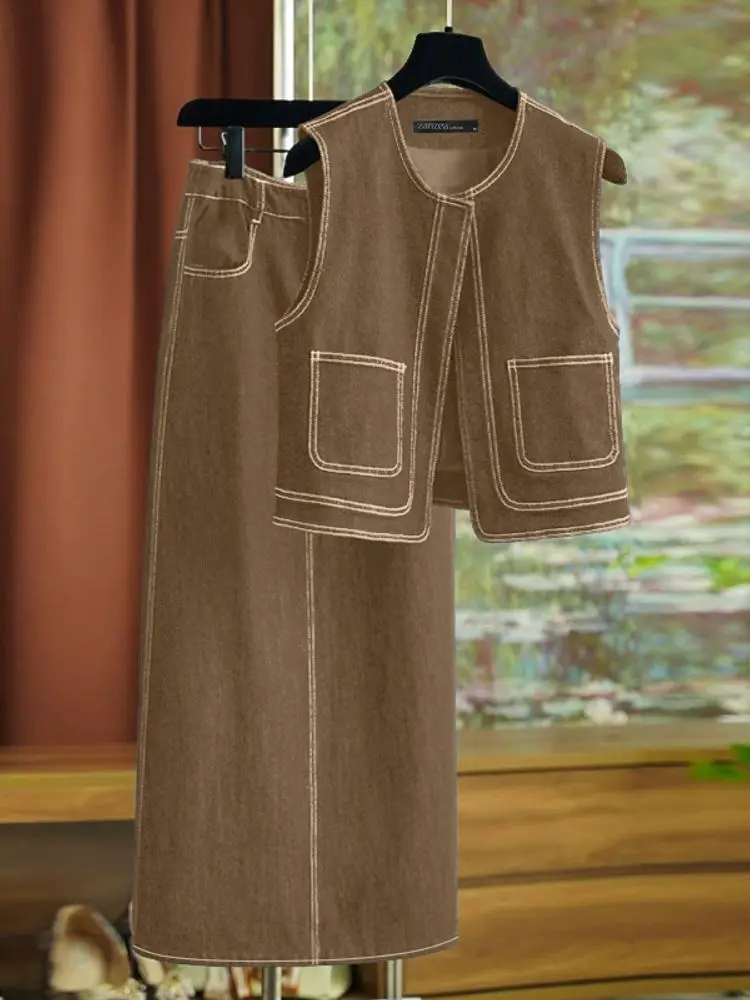 ZANZEA Elegant Denim Dress Sets Women Pockets Sleeveless Vests and Long Skirts Fashion Summer Casual Loose Solid 2 Piece Sets image 2
