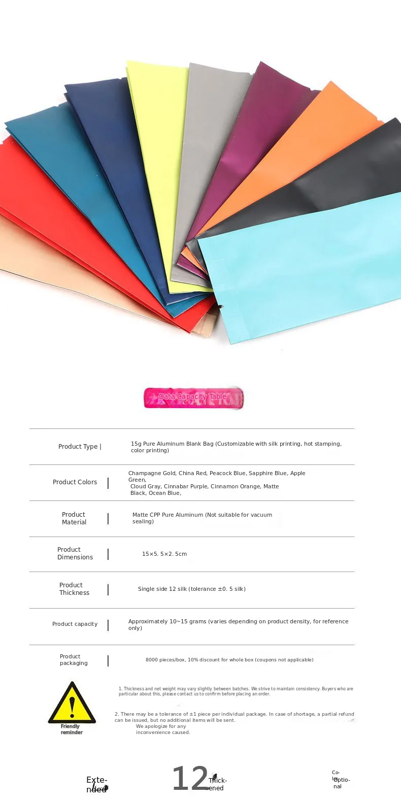 Custodia estesa e ispessita con capacità di 15 g, confezione da tè, piccola borsa in foglio di alluminio con striscia lunga