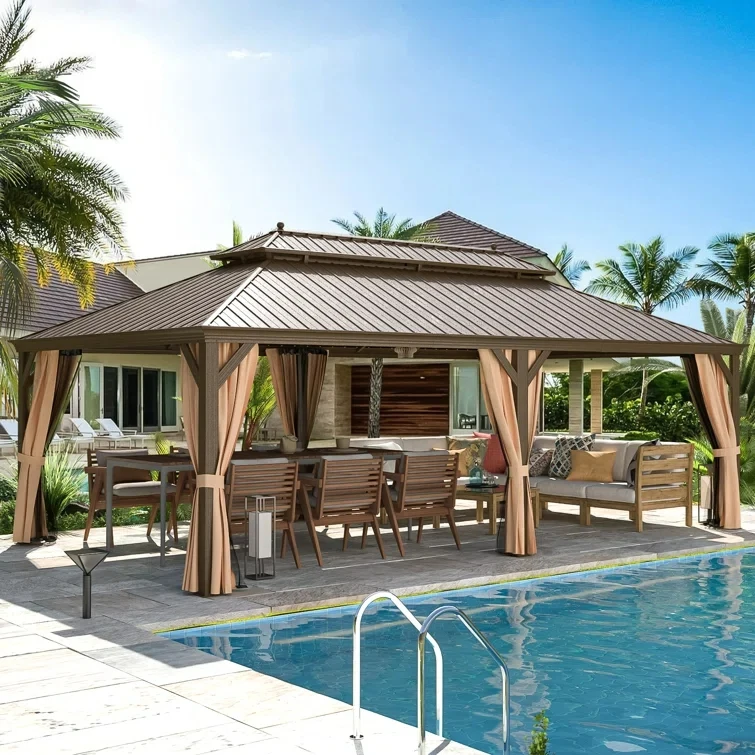 ！@Dwoo Modern Garden Aluminum Frame Patios Pergola Galvanized Steel Metal Double Roof Hardtop Gazebos
