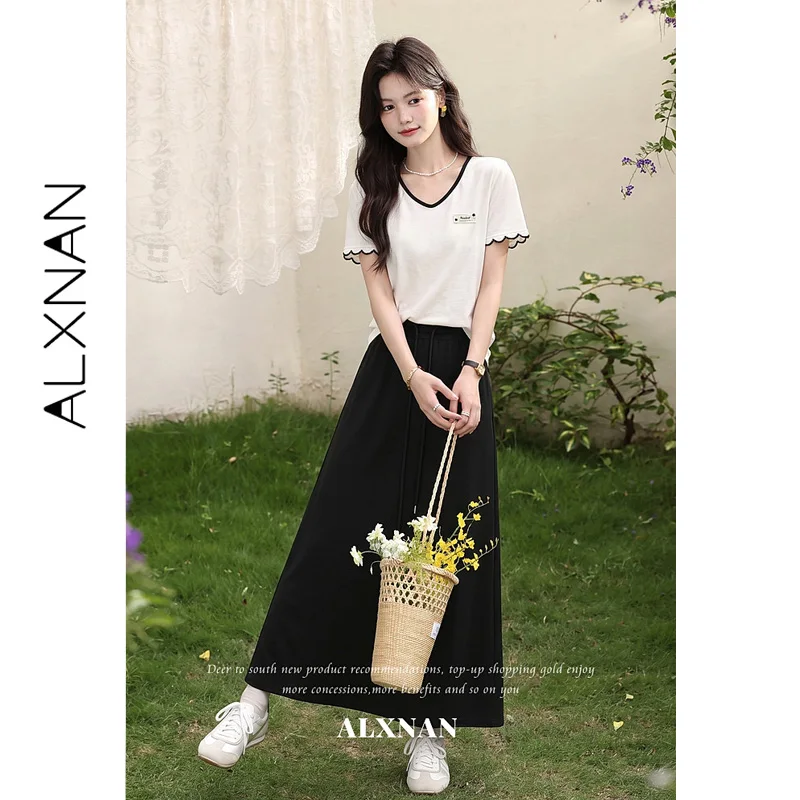 ALXNAN Black Skirt Drawstring High Waist Vacation Beach Skirts Loose-fit Elegant Casual Female Clothing 2026 New Summer L673152A