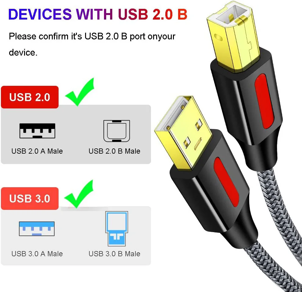 1/2/3/5/8/10m USB Printer Cord 2.0 Type A Male to B Male Cable Scanner Cord High Speed Compatible with HP,Canon,Dell,Epson,More