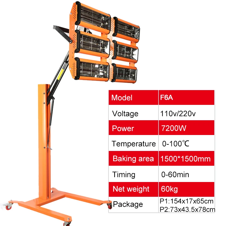 F6A Aluminium Infrared Paint Curing Lamp Shortwave Customized Car Body Repair 110/220V 1800x2000mm Baking Area Adjustable