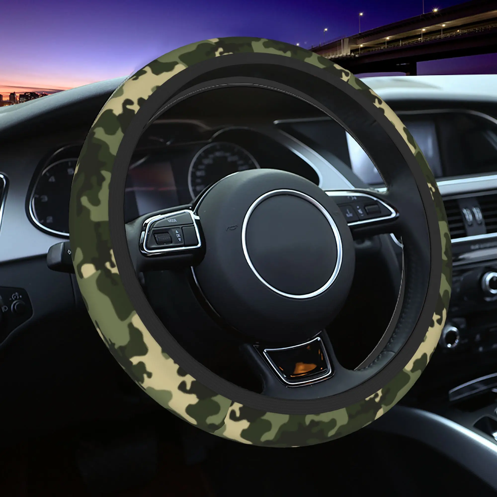 Green Camouflage Camo Car Steering Wheel Cover 37-38 Elastic  Steering Wheel Protective Cover Auto Decoration Car Accessories