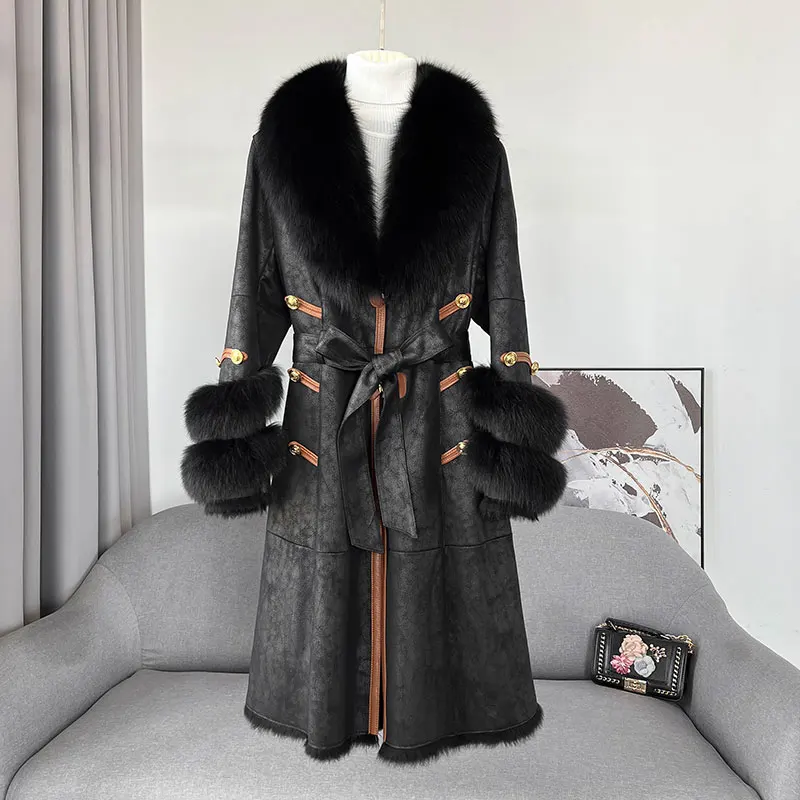 2022 New Genuine Leather Coat Long with Fox Fur Collar Cuffs Double Face Rabbit Fur Clothing Overcoat Winter Warm Luxury Button