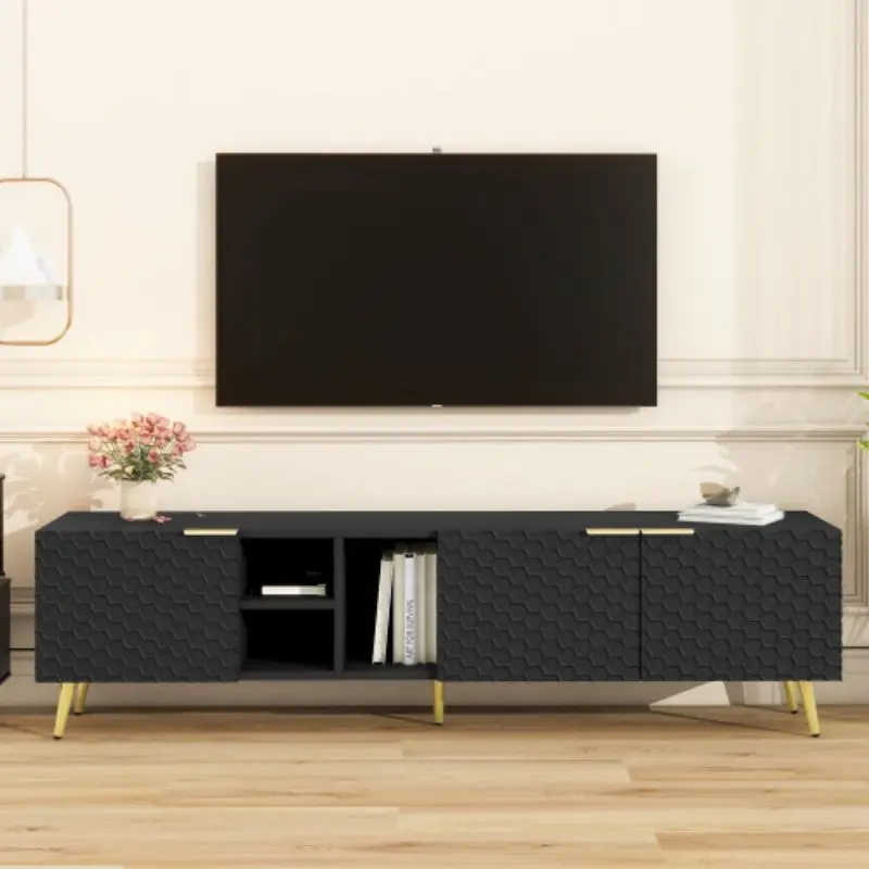 Modern minimalist geometric TV cabinet with metal handles and golden legs that can be used for TVS up to 80 inches, multi-functi