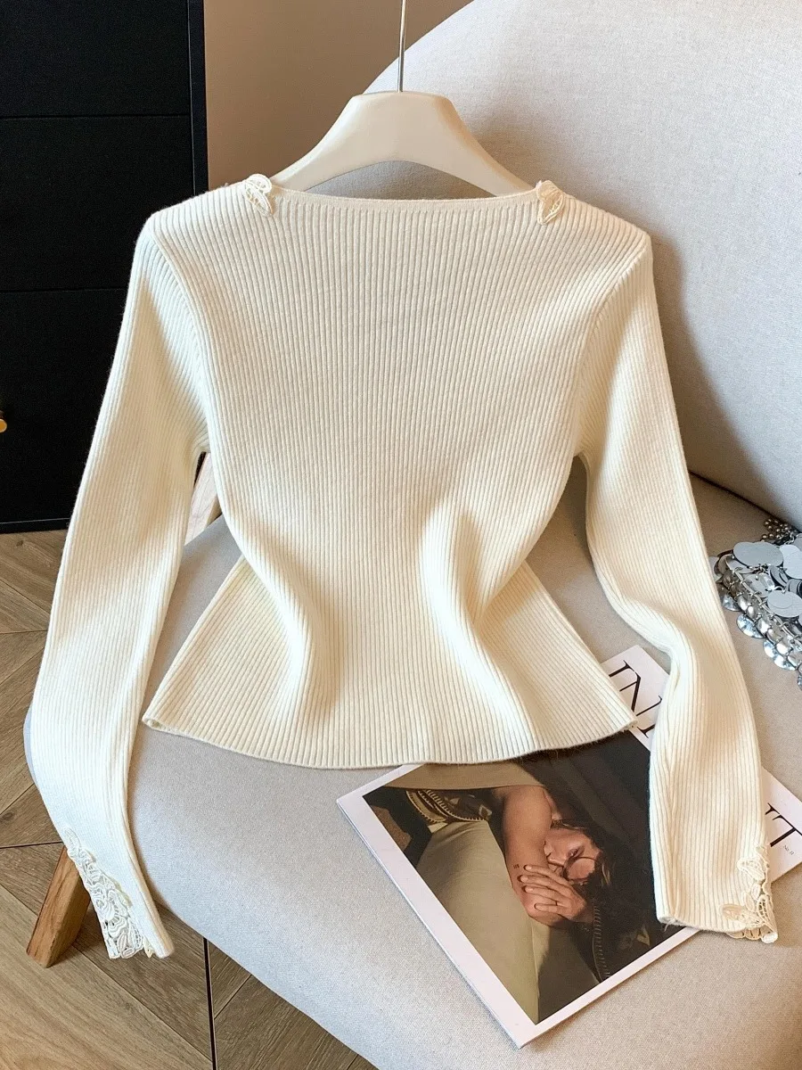 الحلو Sle الدانتيل هوك محبوك V-ne أعلى المرأة سليم صالح طويل Sve تريكو الخريف الشتاء Faion Ci المشي قاعدة irt