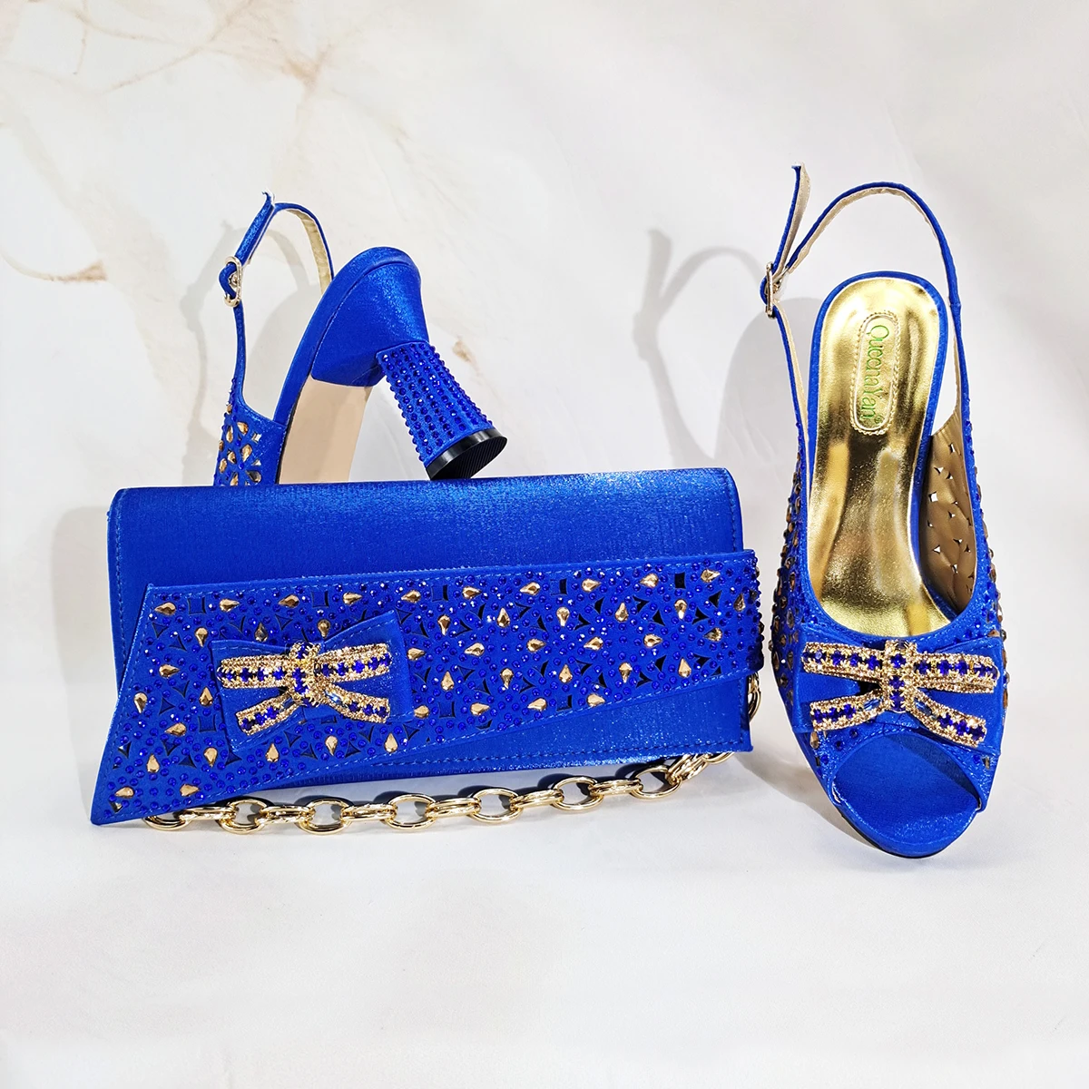 Mature New Fashion Classics Design Italian Women Shoes and Bag to Match in Royal Blue Color Comfortable Heels for Party