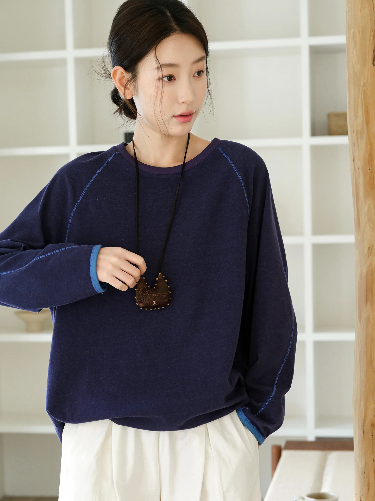 

Двухцветная хлопковая толстовка-футболка женская из чистого хлопка с длинным рукавом, вельветовая, весна-лето, повседневная, с круглым вырезом