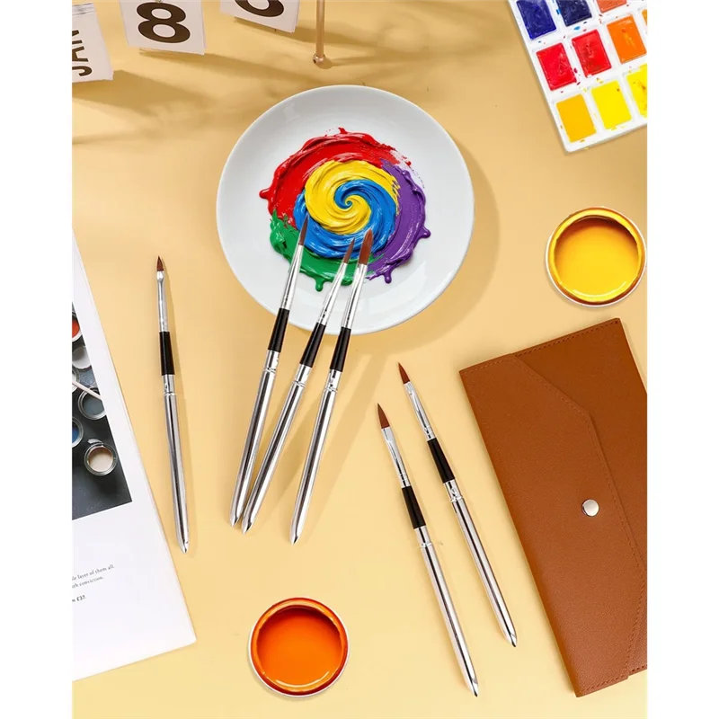 AT82-Extendable Paint Brush Set- Art Brush For Watercolor, Gouache, 6 Pieces Travel For Watercolor Brushes With Leather Pouch