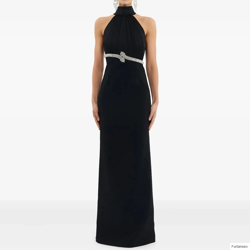 

A-line Women's Evening Dresses Floor-length High-neck Sleeveless Prom Gown Fashion Crystal Draped Backless Customized Gowns