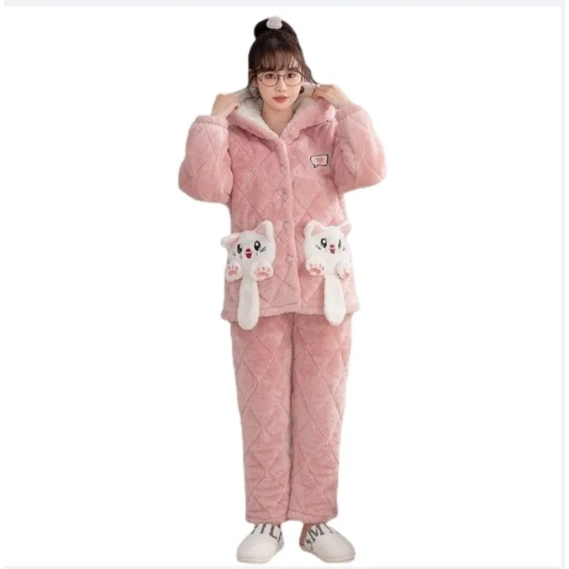 New Sleepwear Women's Winter Coral Fleece Loungewear Triple Layer Thickened Velvet Insulated Cotton Clip Flannel Homewear