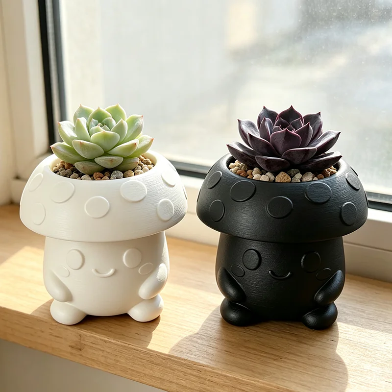 3D Printed Cute Cartoon Mushroom Succulent Planter Pot Mini Plant Container Figurine Desktop Windowsill Ornament Home Decor