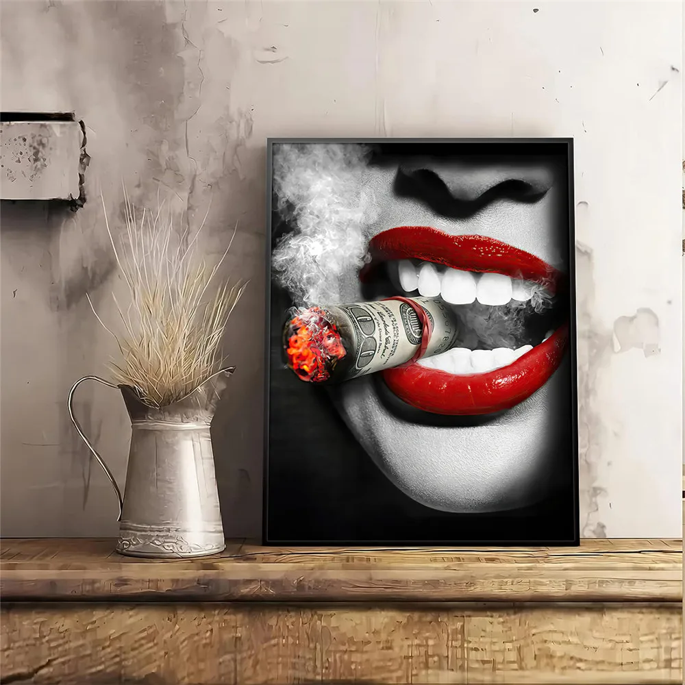 Black and White Smoking Girl Canvas Wall Art Poster and Prints, Modern Money Wall Painting, Bedroom and Living Room Decor