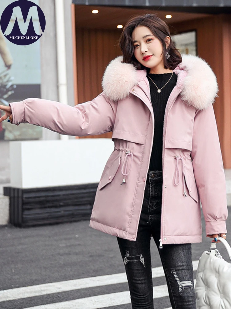 Hooded Mid-length Parkas for Women, Fur Collar, Loose Jackets, Warm Coats, Korean Fashion, Casual, New, Autumn, Winter, 2023